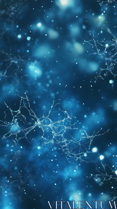 Bioluminescent neural lattice in deep cyan particulate field.