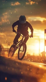 BMX rider carves sunset-lit urban ramp in golden sparks