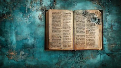 Old open book on distressed turquoise painted surface.