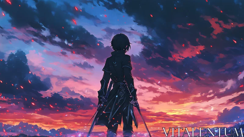 Swordsman silhouette against dramatic twilight sky.