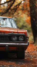 Front view of weathered orange vintage car in autumn woods.