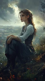 Stormlit maiden contemplating a misty valley horizon.