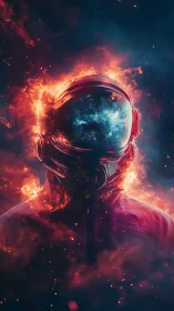 Astronaut in burning suit with cosmic visor reflection.