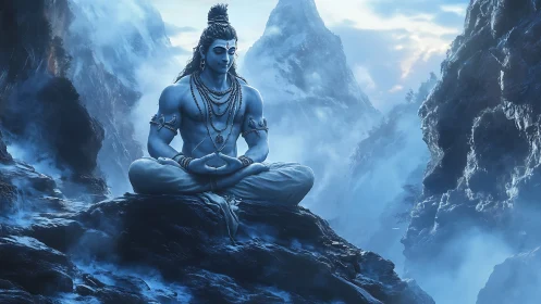 Mountain mists cradle a serene blue yogi in cosmic stillness