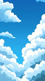 Layered cartoon clouds rise into a clear blue sky