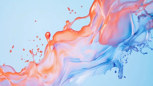 Playful coral and blue liquid dance across soft sky tones.