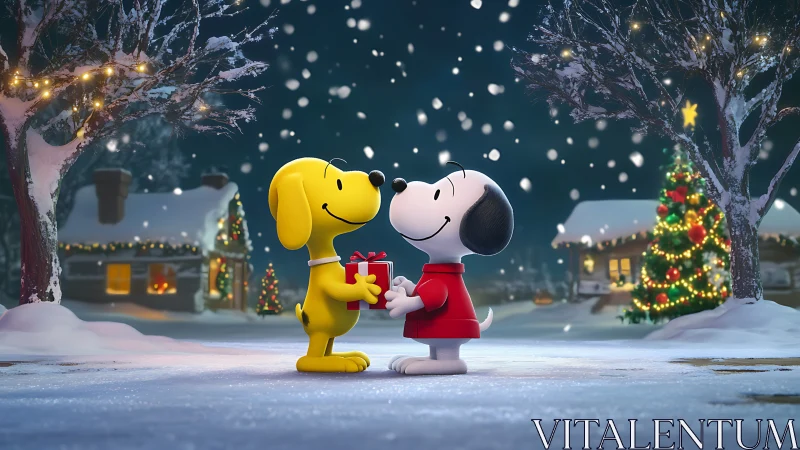 Cartoon dogs exchange a heartfelt gift on a snowy Christmas eve