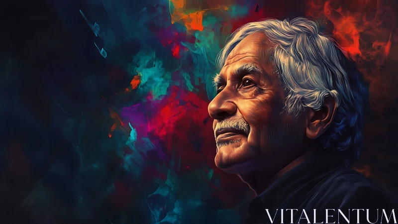 Elderly man gazes upward amid vivid abstract nebula light.