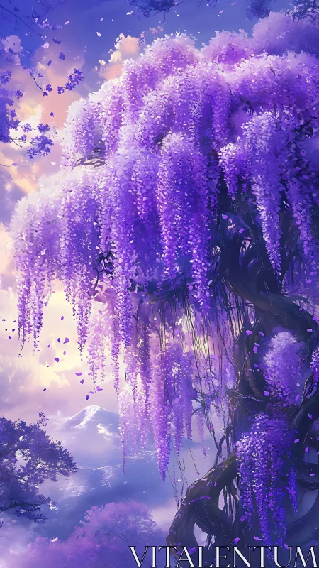 Wisteria waterfall drapes a dreamlit sky over violet peaks.