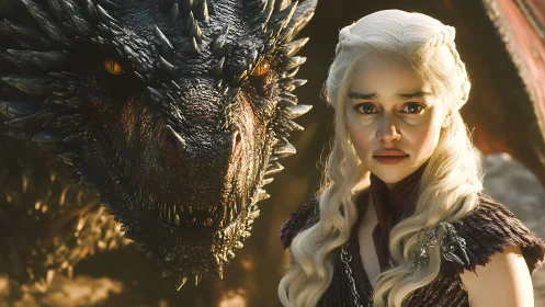 White haired woman standing close beside large dragon head.