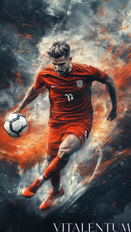 Dynamic soccer forward drives ball through explosive strokes