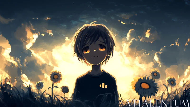 Melancholic child in glowing sunflower field at dusk sky