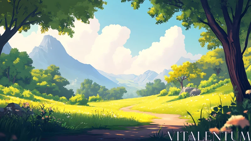 Sunlit valley path framed by stylized trees and distant peaks