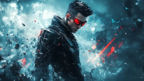 Cyber warrior stands amid shattering neon storm of data.