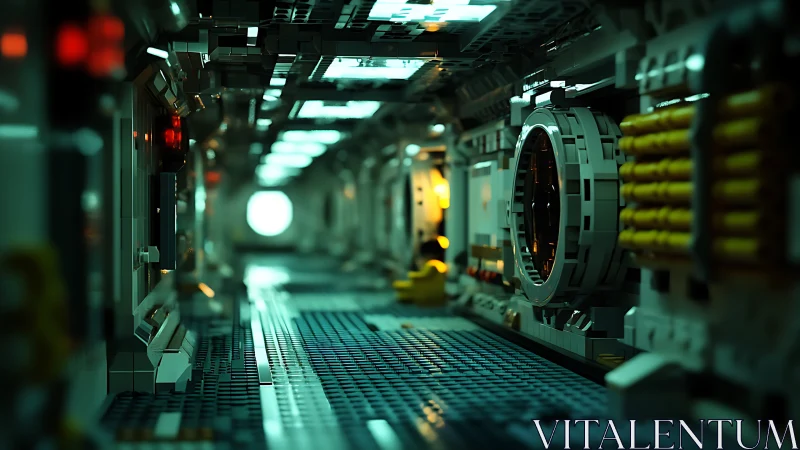 Lego sci fi corridor with illuminated hatch and panels.