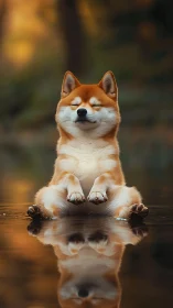 Serene shiba yogi hovering above a golden mirror lake.