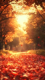Sunlit forest path is covered with dense fallen autumn leaves