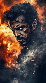 Cinematic warrior portrait amid pyroclastic firestorm compositing.