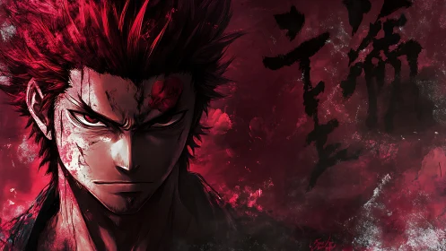 Scarlet-eyed warrior simmering in smoke and wrathful calm.