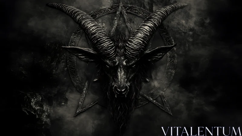 Horned goat skull emerges from shadowed occult pentagram