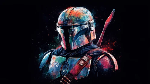 Armored sci fi warrior portrait in multicolor digital style.