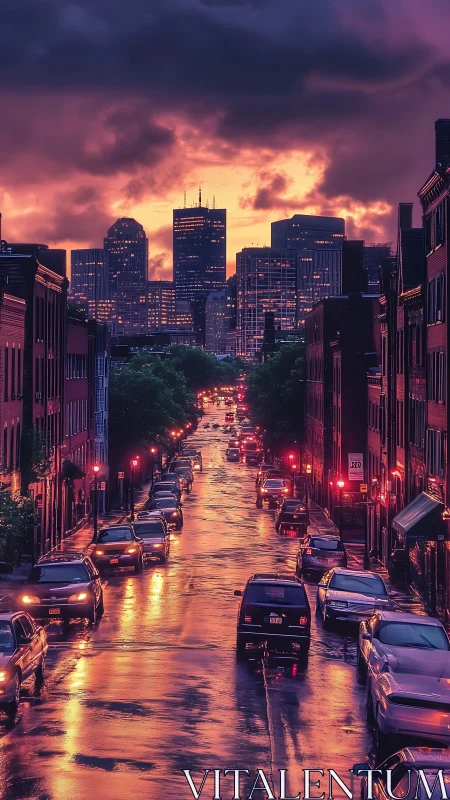 Golden hour rainlit city street glows toward distant skyline