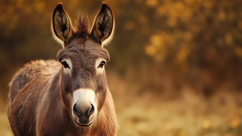 Autumn backlit donkey portrait with shallow depth of field.