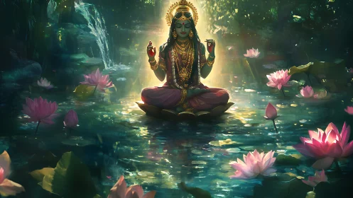 Lotus lake serenity with radiant meditating goddess figure.