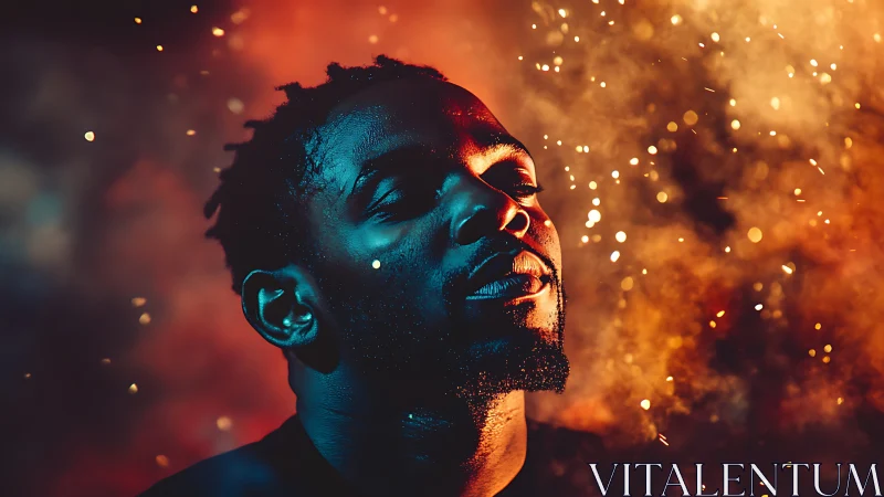 Portrait of man in dramatic orange and blue sparks lighting.