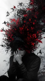 Surreal portrait merges ravens, red foliage, and turmoil.