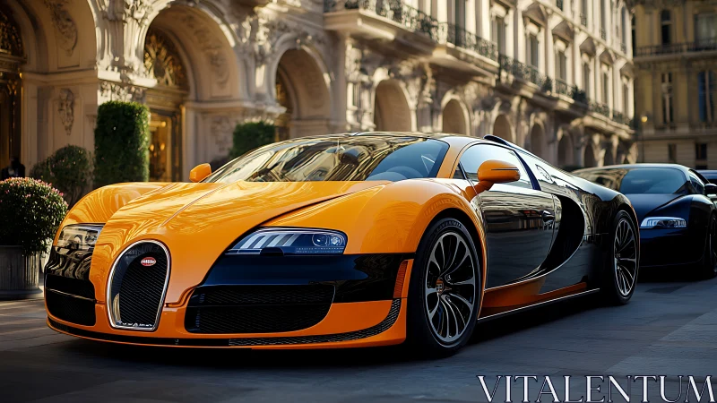 Sunlit orange supercar poised on an elegant city boulevard.