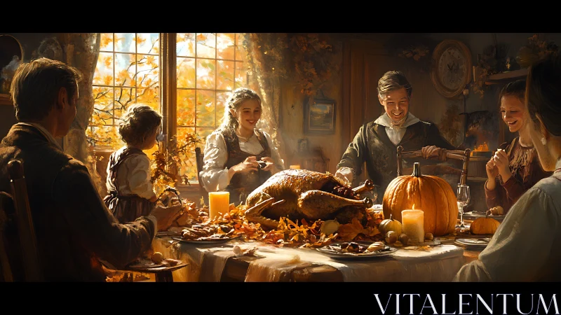 Warm autumn family feast rendered in golden digital painting
