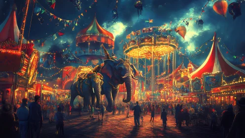 Elephants move through illuminated night carnival midway scene