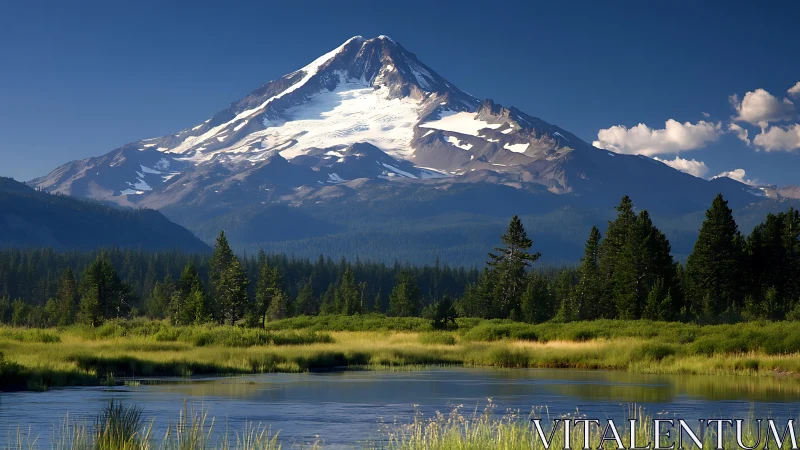 Peaceful snow-capped mountain watching over quiet wetlands.