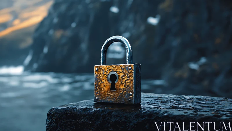 Weatherworn padlock stands guard beside a cold restless sea