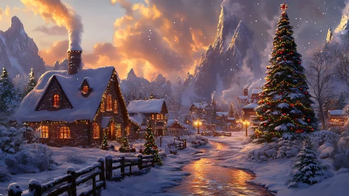 Snowy mountain village glows under warm Christmas lights
