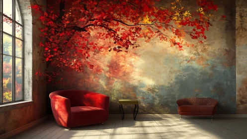 Autumn branches transform a cozy living room interior wall art.