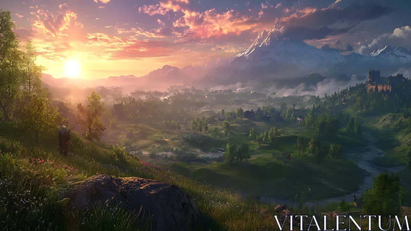 Sunset over expansive valley with distant snowcapped mountain.