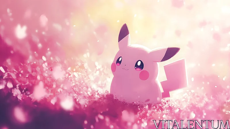 Pastel pink electric creature in glowing bokeh blossom field