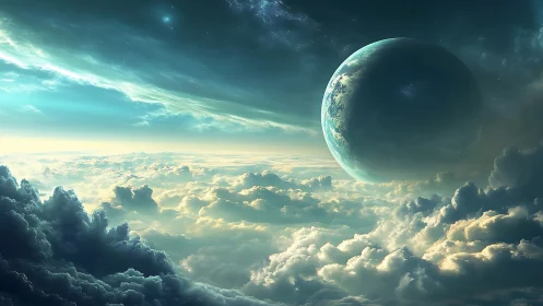 Celestial planet emerging above volumetric cloudscape horizon