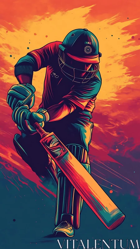 Dynamic cricket batsman in neon gradient digital illustration