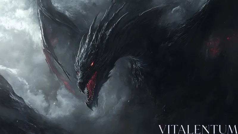 Obsidian dragon with crimson eyes emerging from storm clouds.