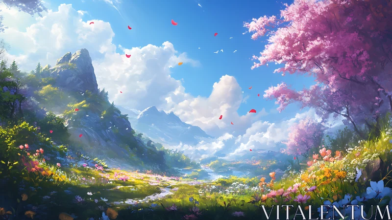 Vibrant spring valley with mountains, flowers, and pink trees.