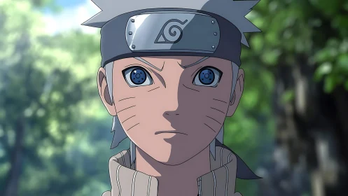 Anime ninja youth with headband and patterned blue eyes.