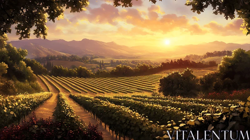 Sunlit vineyard rows extend toward distant rolling hills