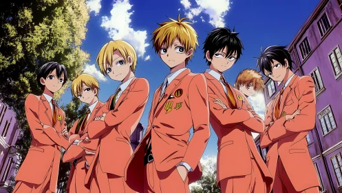 Sunlit campus squad in coral uniforms striking quiet rebellion.