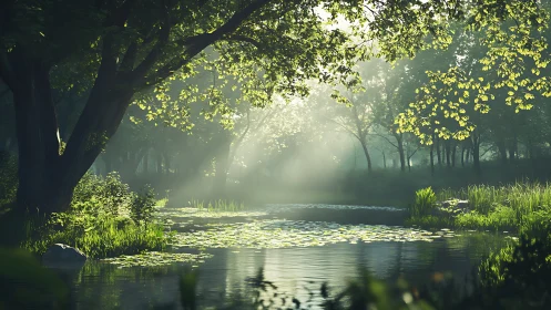 Volumetric morning light across lily-covered forest pond.