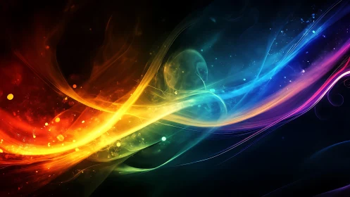 Chromatic light streams arc across a dark nebular ground