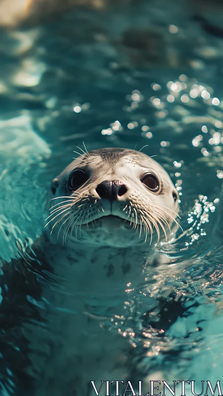 Curious harbor seal gazes up through shimmering blue water.
