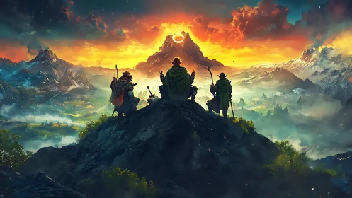 Fantasy adventurers on mountain peak facing fiery volcano